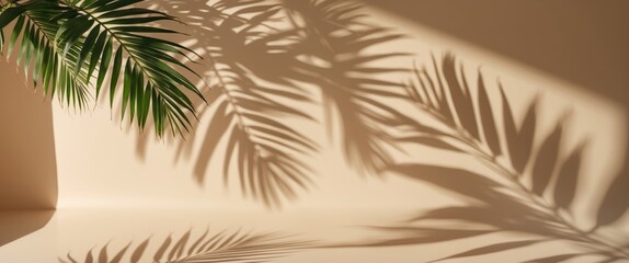 Poster - palm leaves casting intricate shadows on a soft beige background creating an elegant tropical atmosp