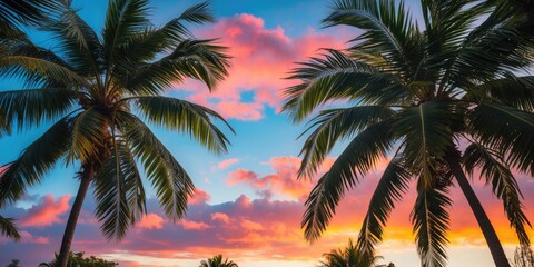Poster - Tropical palm tree silhouette against a vibrant sunset sky with colorful clouds and ample space for text or graphic overlay.