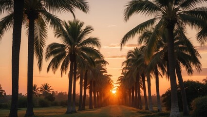 Poster - Tranquil Palm Tree Avenue at Sunset with Warm Golden Light and Lush Greenery Creating a Serene Tropical Atmosphere