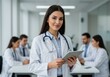 © PixelPulse Creative - A young female doctor with long dark hair wearing a white coat and a stethoscope