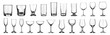 © Ars Nova - Empty cocktail glass PNG set bundle, transparent isolated background. Mixology, bar inventory glassware, various drink glasses collection. Highball, rocks, martini, champagne, old fashioned, tumbler