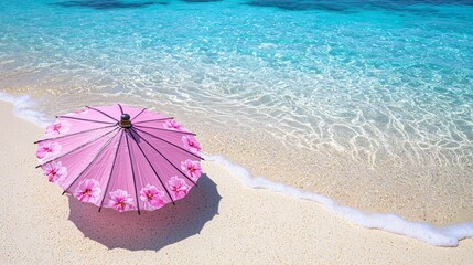 Wall Mural - Pink floral beach umbrella, ocean waves, tropical beach vacation