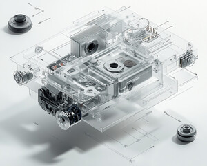 Poster - 3D exploded view of a camera mechanism with transparent components, showcasing intricate design, engineering details, and the internal workings of a camera device.