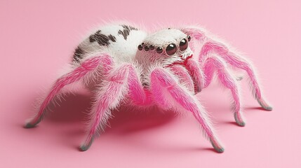 pink furry spider on pink background, 3d render, animal illustration