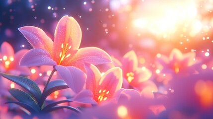 Wall Mural - Pink lilies sunset garden bokeh background