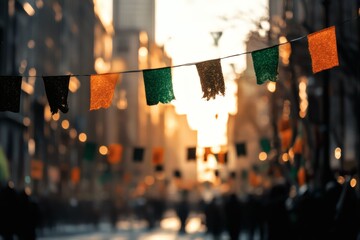 Colorful Banners Sway in the Breeze During a Festive City Celebration at Dusk. Generative AI