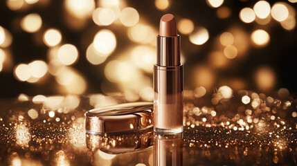 Poster - Lipstick tube on a sparkling surface with soft bokeh lights in the background