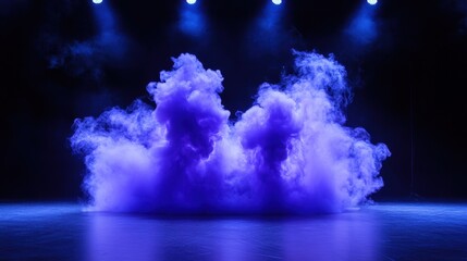 Poster - A captivating cloud of purple smoke illuminated by spotlights takes center stage on a dark stage