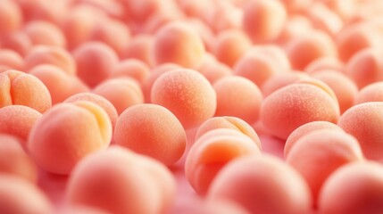Poster - an extreme close-up shot showcases a multitude of small, peach-colored spheres with a soft, slightly