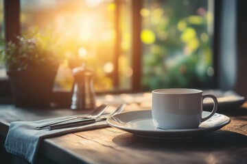 Fototapete - Early morning coffee on a wooden table bathed in warm sunlight with plants in the background. Generative AI