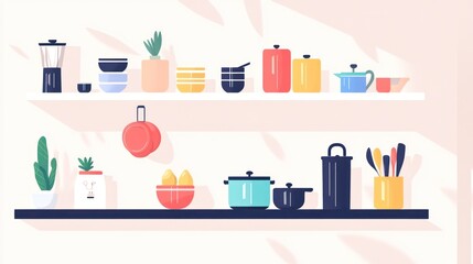 Wall Mural - Colorful kitchen shelves with various utensils and plants.  Possible use Stock photo for interior design, kitchen decor, or home improvement