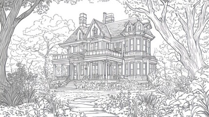 Wall Mural - Victorian house, garden path, trees, sunny day, architectural design