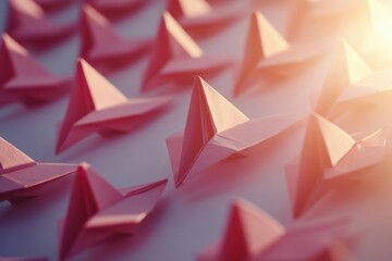 Fototapete - Group of paper planes flying in one direction with one plane pointing in another direction showcasing creativity. Generative AI