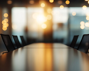 Poster - Blurred image of an empty conference room with a table and chairs, with a warm light setting the tone for business meetings, collaboration, and corporate discussions in a modern office.