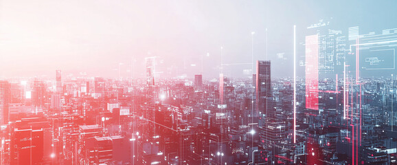 Fototapete - Futuristic city skyline with digital data overlays, showcasing  intersection of technology and urban life, symbolizing the concept of smart cities, data-driven innovation, and digital transformation