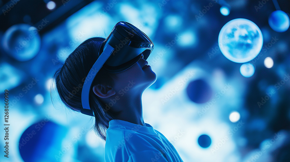 Child wearing VR headset, exploring a 3D solar system model with ...