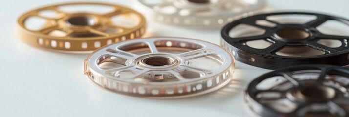 Poster - Close up view of vintage film reels and tape with space for text about cinema history and nostalgia. Generative AI