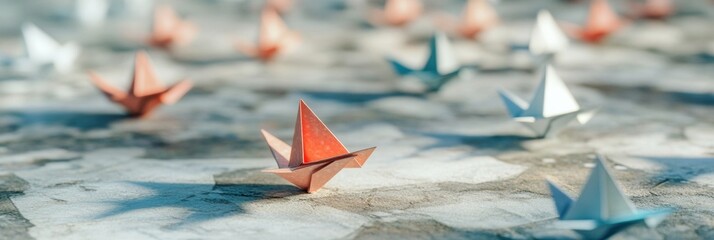 Group of paper planes swimming against the flow for innovative ideas and creative solutions. Generative AI