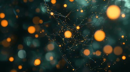 Web of Light: An intricate spider web glistens with golden light, creating a captivating pattern against a moody teal backdrop. The bokeh effect adds a dreamy, ethereal quality to the image.