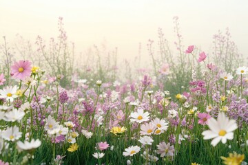 Poster - Wildflowers growing in a lush meadow, with a distant haze on the horizon