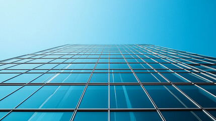 Aufkleber - Low-angle view of a modern glass building with a clear blue sky, symbolizing architectural design, sleek urban aesthetics, and the concept of innovation and progress in construction. Top View.