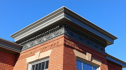 Wall Mural - Ornate brick building corner detail, sunny day, architectural restoration, urban background, design inspiration