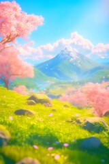 Wall Mural - Spring Meadow, Mountain View, Cherry Blossoms, Game Background