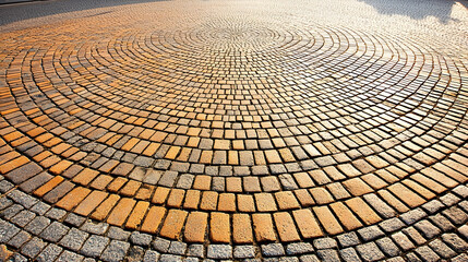 Sunlit cobblestone circle, city street, background buildings, design texture