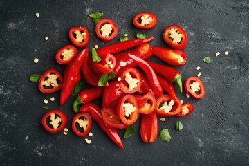 Wall Mural - Fresh red peppers with lush green leaves on a stem