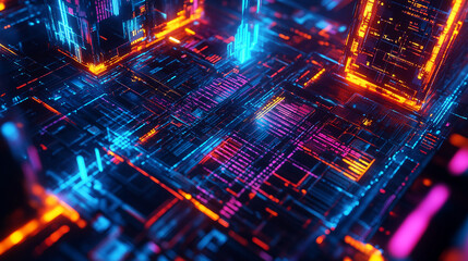 Fototapete - Futuristic digital landscape with glowing neon lines and data blocks in blue, pink, and orange, showcasing the concept of advanced technology, data flow, and virtual environments.