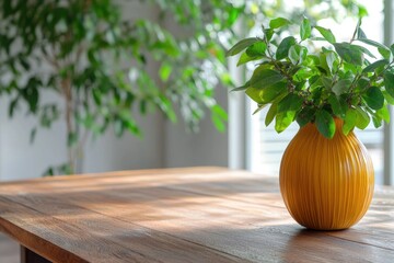 Wall Mural - A bright yellow vase sits atop a simple wooden table