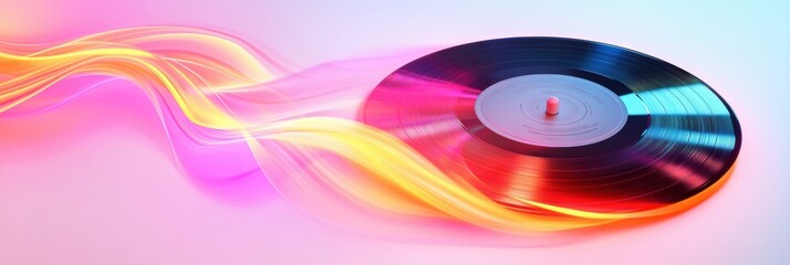 Aufkleber - Colorful vinyl record spins on turntable with bright light trails in the background during evening music session. Generative AI