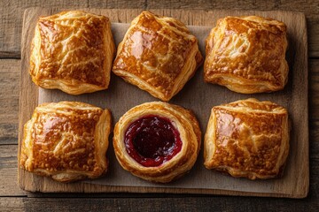 A wooden cutting board topped with puff pastry, ideal for serving appetizers or snacks