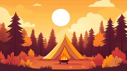 Poster - Cozy camping spot in a vibrant forest during sunset with a bonfire and a colorful sky. Generative AI