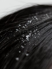 Aufkleber - Close up view of dandruff flakes on dark hair strands with blank space for text. Generative AI