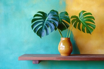 Wall Mural - A single stem with leaves and flowers sits in a vase on a wooden shelf