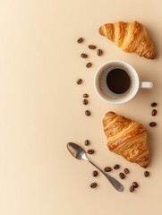 Aufkleber - Delicious coffee and flaky croissants arranged in a flat lay on a light background. Generative AI