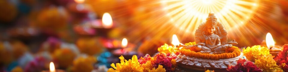 Canvas Print - A group of candles sits in front of a statue, providing soft light