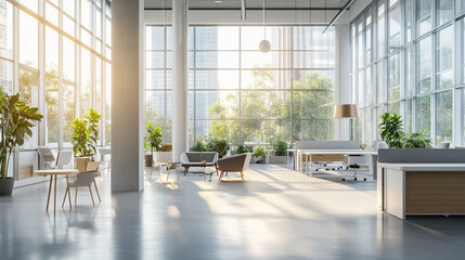 Aufkleber - Modern office with large windows and plants, bathed in natural sunlight, showcasing a bright and airy workspace symbolizing innovation, productivity, and a healthy work environment.