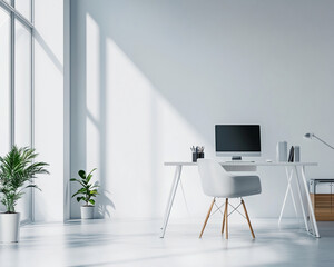 Aufkleber - Modern office workspace with clean, minimalist design featuring a desk, computer, and plants by the window, representing productivity, simplicity, and a bright work environment.