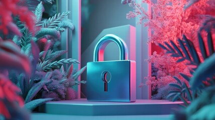 Poster - Cybersecurity Padlock Digital Art Abstract Neon Plants Modern Technology Secure Privacy Gradient Blue Pink Background Innovative Futuristic Elegant   