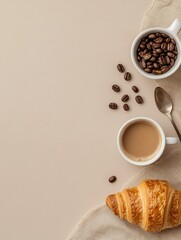 Aufkleber - Delicious coffee and croissant flat lay perfect for morning enjoyment with rich flavors and cozy vibes. Generative AI