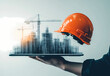 © brave-4K - Digital Blueprint:  A construction worker holds a digital tablet showcasing a blueprint for a towering city skyline with cranes overhead. A safety helmet sits atop the tablet.