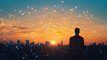 Poster - Silhouette Businessman Global Network Sunset Cityscape Digital Art Modern Technology Innovation Future Businessman Visionary Leader Strategic Planning