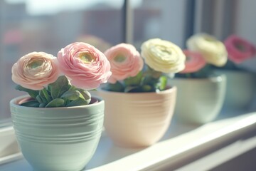 Canvas Print - Colorful potted flowers on a window sill, perfect for home decor or interior design