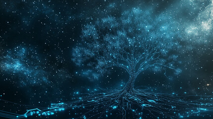 Poster - Digital tree growing in the stars, with glowing roots and branches made of data, representing technology, growth, and the fusion of nature and digital concepts.