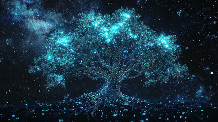 Fototapete - A glowing tree formed with digital circuitry against a starry cosmic background, symbolizing the fusion of nature, technology, and the digital universe.