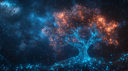 Fototapete - A glowing digital tree with blue and orange lights set against a starry sky, representing the fusion of nature, technology, and the digital cosmos.