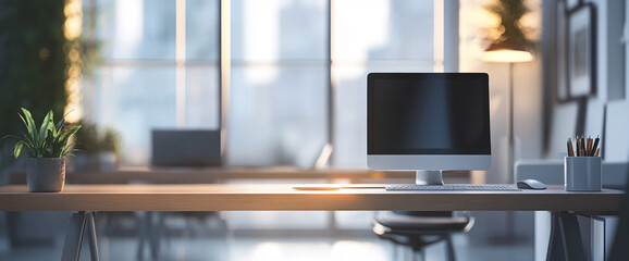 Poster - Minimalist office workspace with a computer, a plant, and a calm lighting atmosphere, symbolizing productivity and focus in a modern, serene working environment.