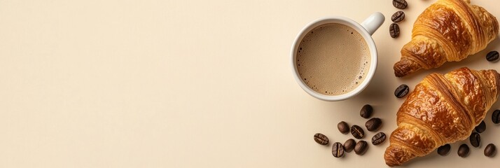 Aufkleber - Delightful morning flat lay with fresh croissants, steaming coffee, and coffee beans on a light background. Generative AI